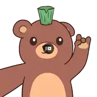 a brown teddy bear with a green item on its head