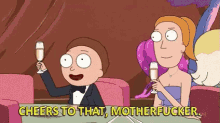 a cartoon character says cheers to that motherfucker while holding a wine glass
