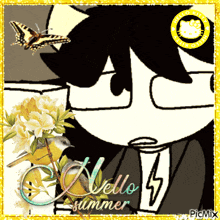 a hello summer greeting card with a cartoon character