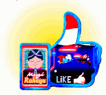 a cartoon thumbs up with a card that says magi rahayu on it