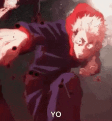 a man in a red hoodie is standing in a dark room with blood coming out of his mouth .
