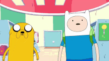two cartoon characters are standing next to each other in a room with a sign that says rx