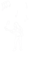 a line drawing of a man juggling music notes