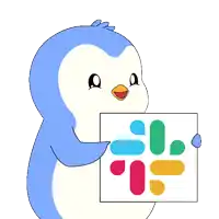 a penguin is holding a sign that says slack on it