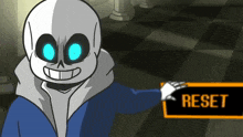 a cartoon character is holding a sign that says " reset "