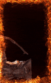 a man is holding a bow and arrow in a fire frame