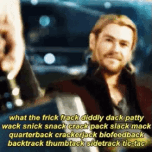 a close up of a man with the words what the frick track diddly dock patty wack snick snack crack pack