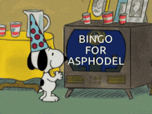 a cartoon of snoopy playing bingo for asphodel on a television