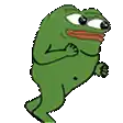 a green frog without a shirt is walking on a white background .