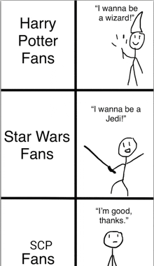 harry potter fans star wars fans and scp fans are all shown