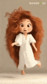 a cartoon doll with red hair is wearing a white robe and has the number 53 on the bottom