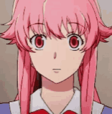 a girl with pink hair and red eyes is wearing a blue shirt and a red bow tie .