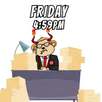 a cartoon of a monkey with horns sitting at a desk with the words friday 4:59pm