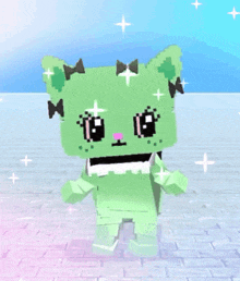 a pixel art of a green cat with black bows on its head