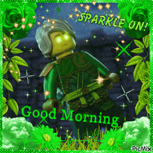 a picture of a lego character that says good morning on it