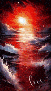 a painting of a sunset over the ocean with the word love on the bottom