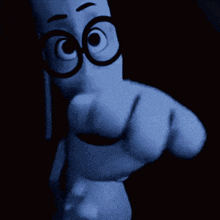 a close up of a cartoon character pointing at the camera