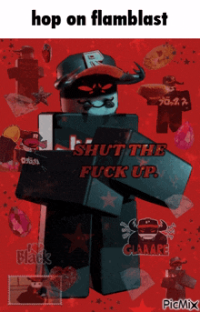 a picture of a roblox character that says hop on flamblast