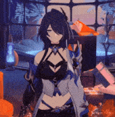 a girl with dark hair is standing in front of a window in a room