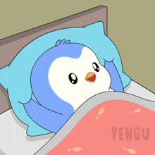 a cartoon penguin is sleeping in a bed with the word pengu on the bottom