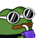 a green frog wearing sunglasses and a purple scarf is smoking a cigarette .