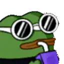 a green frog wearing sunglasses and a purple scarf is smoking a cigarette .