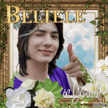 a picture of a man giving a thumbs up with the words " believe in yourself " below him