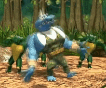 a group of cartoon characters are standing on a dirt field with trees in the background