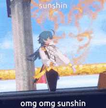 a cartoon character is standing next to a pillar with the words omg omg sunshin on the bottom