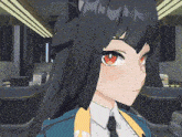 a girl with long black hair and red eyes is wearing a yellow jacket and tie