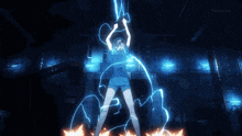 a person is standing in a dark room with a lightning bolt coming from their hands .