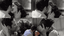 a man and woman are kissing in a black and white photo