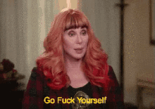 a woman with red hair says go fuck yourself in a pixelated image