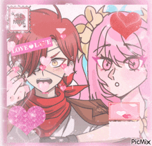 a picture of a boy and a girl with hearts and a sign that says " love love "
