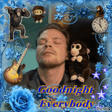 a man with his eyes closed is surrounded by stuffed monkeys a guitar and a clock
