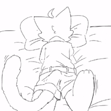 a black and white drawing of a cat laying on a bed with its tail hanging out .