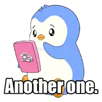 a penguin is holding a pink box that says " another one " on it