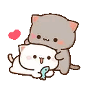 a couple of cats hugging each other with a fish in their mouth .
