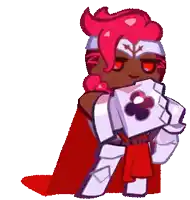 a cartoon character is holding a playing card and wearing a red cape .