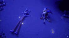 a cartoon rabbit and a jester are laying on the ground