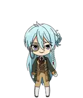 a cartoon character with long blue hair and glasses is holding a telescope on her head .