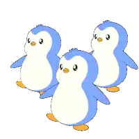 three blue and white penguins standing next to each other on a white background