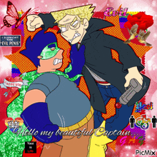a cartoon of two men fighting with the words hello my beautiful captain