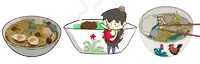 three bowls of noodles with chopsticks and a cartoon character