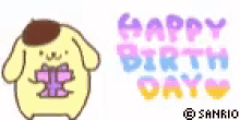 a cartoon dog is holding a pink bow and the words `` happy birthday '' are written on a white background .