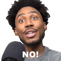 a man with a beard is holding a microphone and saying no