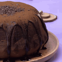 a chocolate cake on a plate with mr. cakes written on the bottom