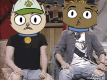 two cartoon characters are sitting next to each other with one wearing a hat that says paw print