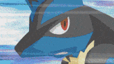 a blue and black pokemon with red eyes and a yellow tail