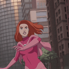 a cartoon drawing of a woman in a pink outfit